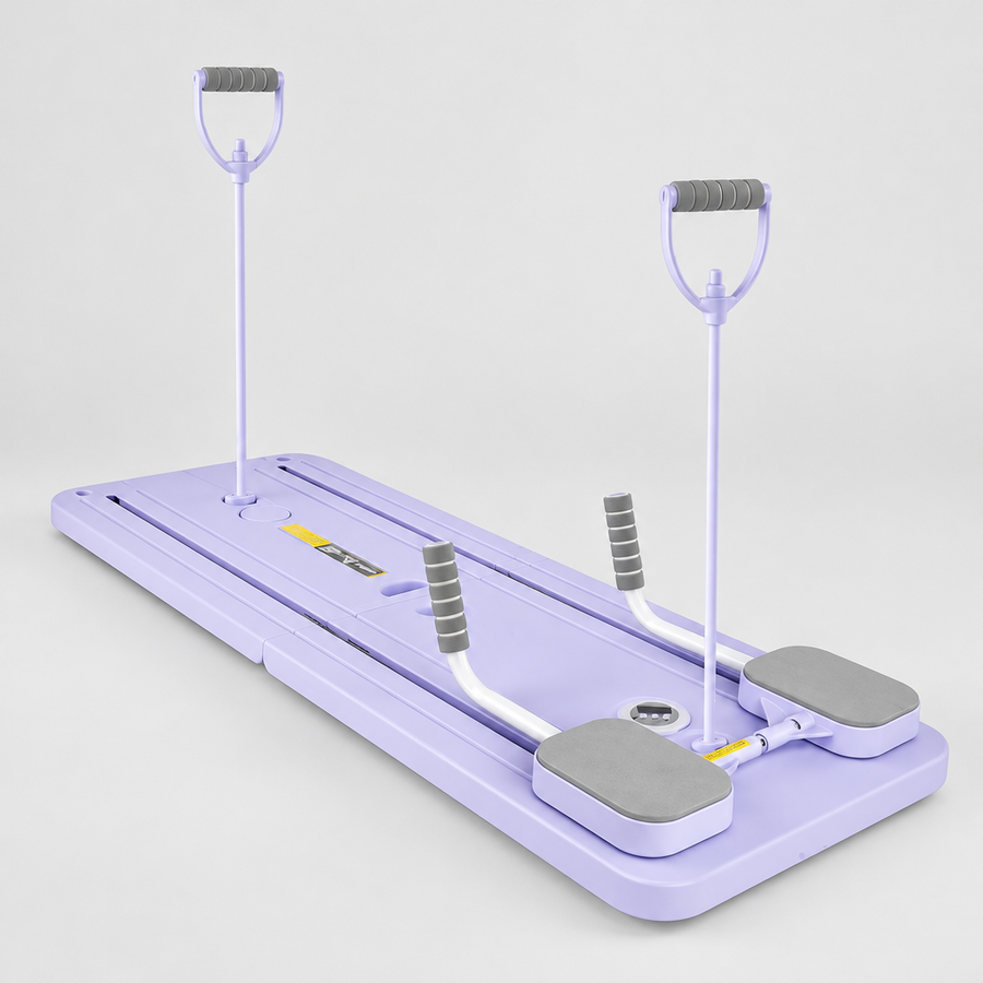 Rimbero Pilates Board in Lavendel, aufgebaut mit Griffstangen und Fußplatten