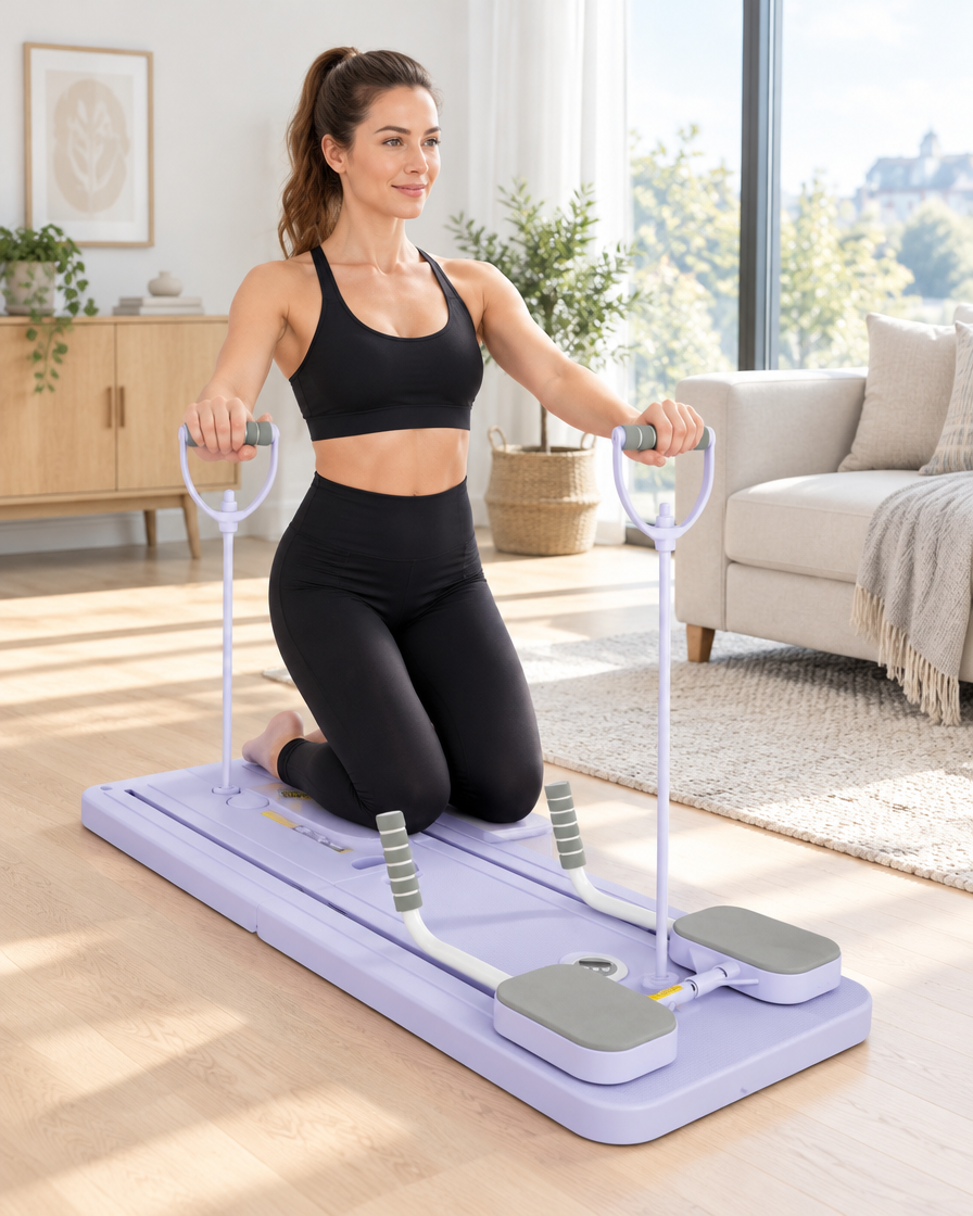 Frau trainiert kniend auf dem Pilates Board im hellen Wohnzimmer