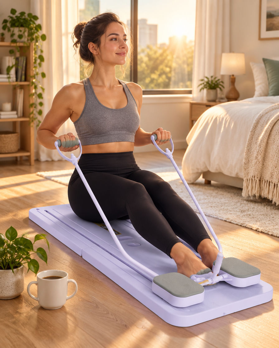 Morgenroutine: Frau trainiert sitzend auf dem Pilates Board bei Sonnenaufgang