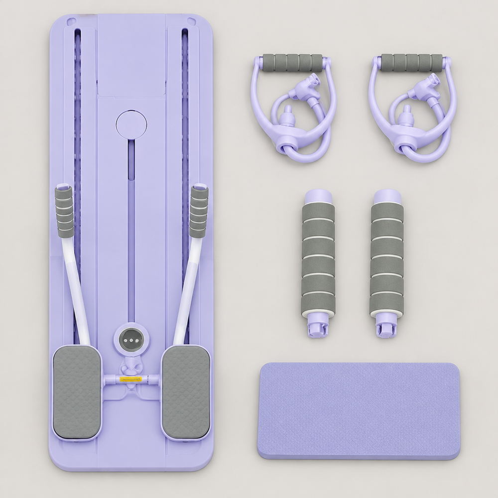 Pilates Board Set: Board, zwei Widerstandsbänder mit Griffen, zwei Schaumstoffgriffe, Kniekissen